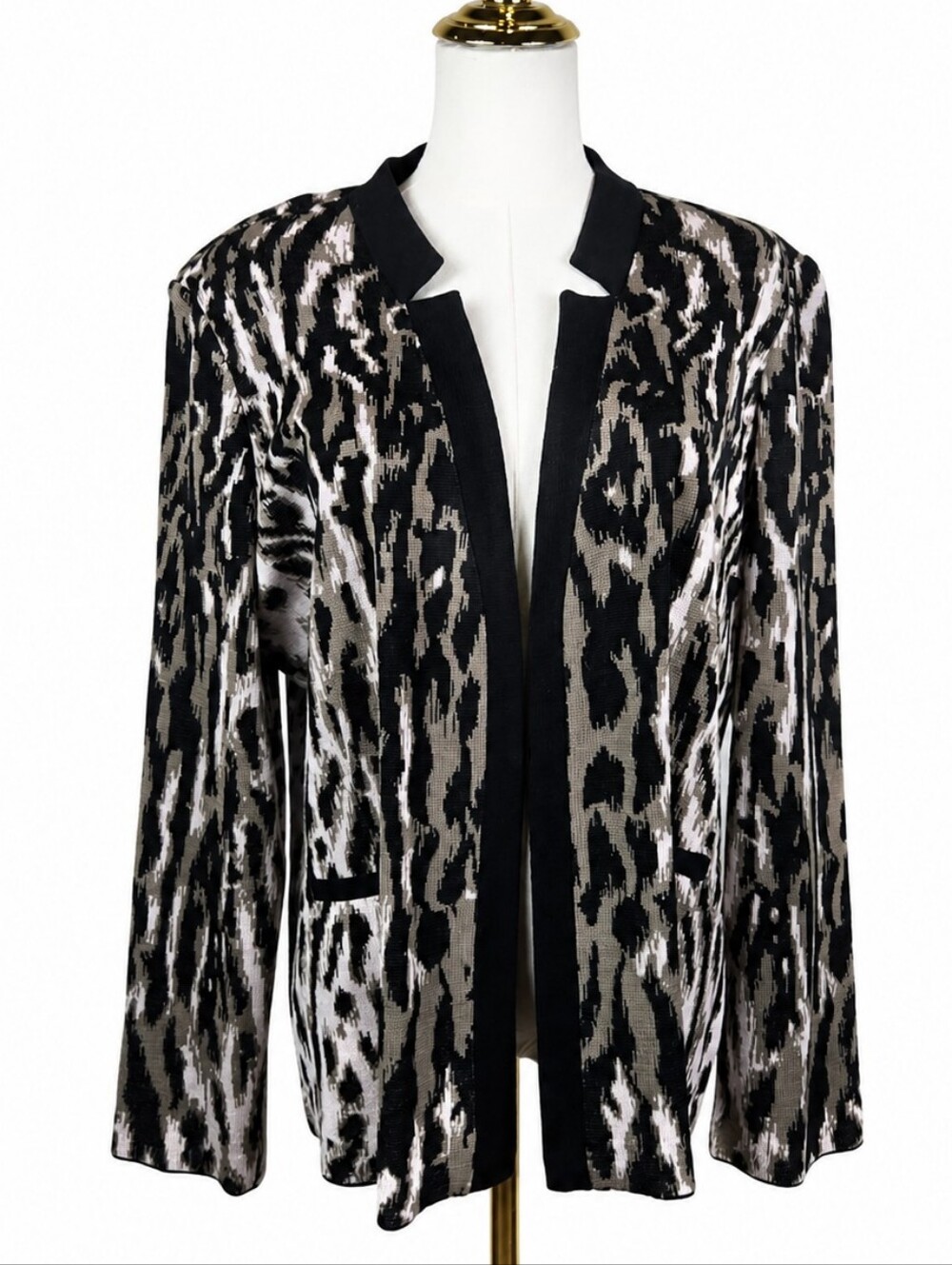 Ming Wang Animal Print Knit Jacket Hook & Eye Career Open Front XL